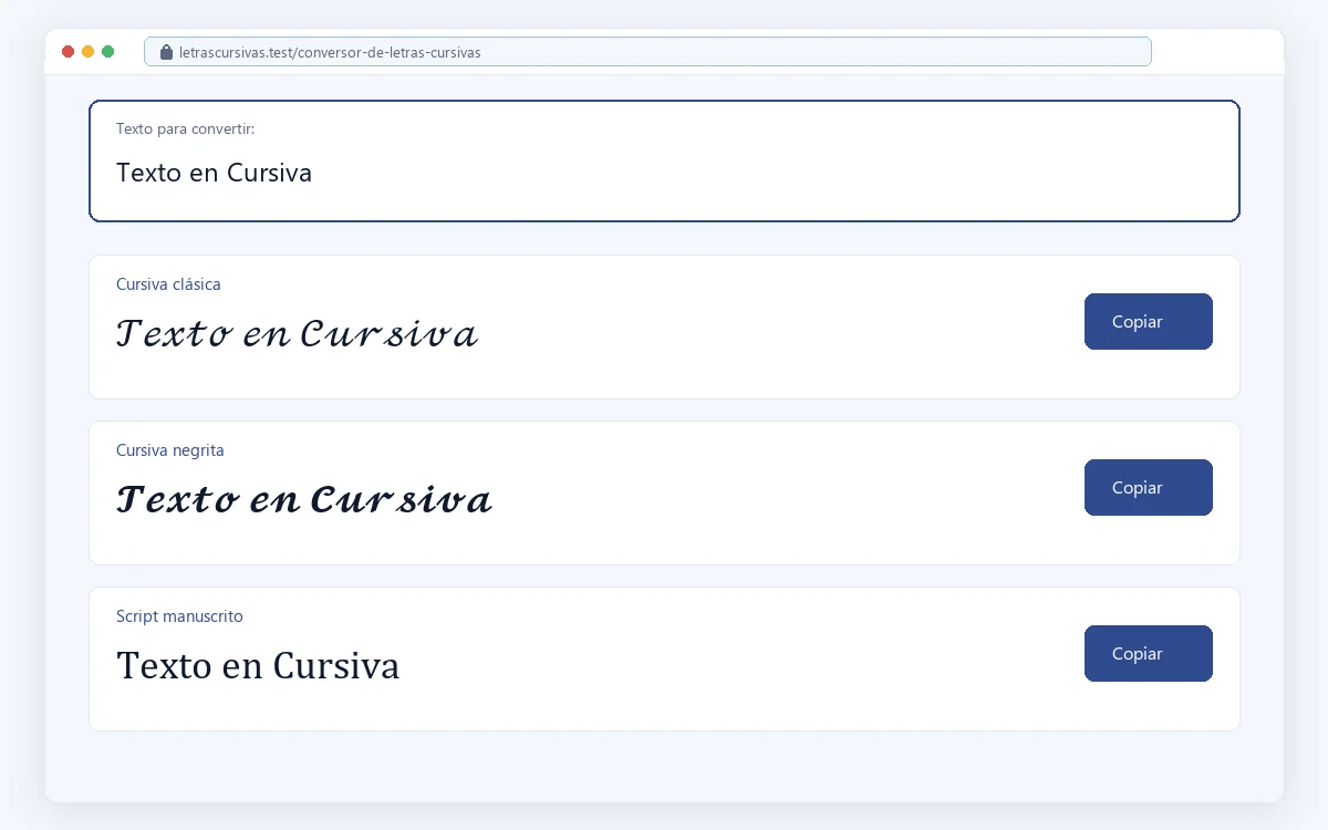 Conversor de letras cursivas mostrando el texto de entrada y varias conversiones listas para copiar