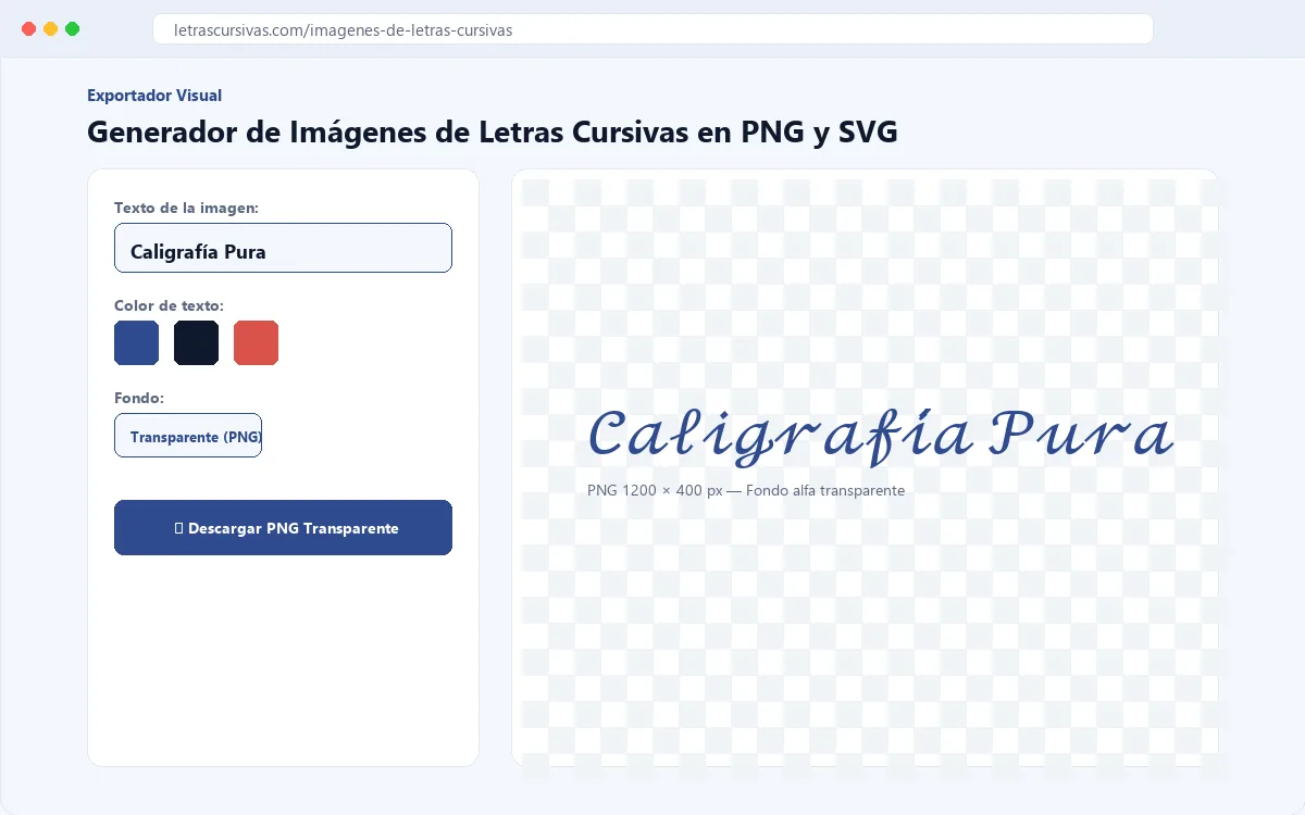 Exportador de imágenes de letras cursivas con controles de estilo, fondo y descarga