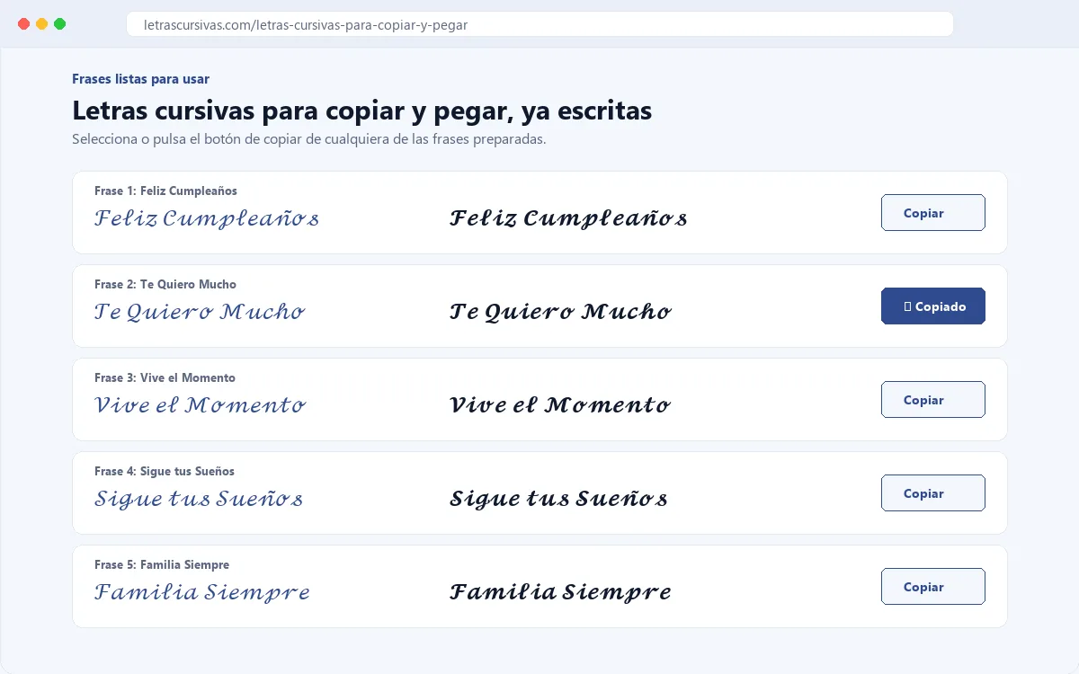 Galería de letras cursivas con varios estilos y botones para copiar