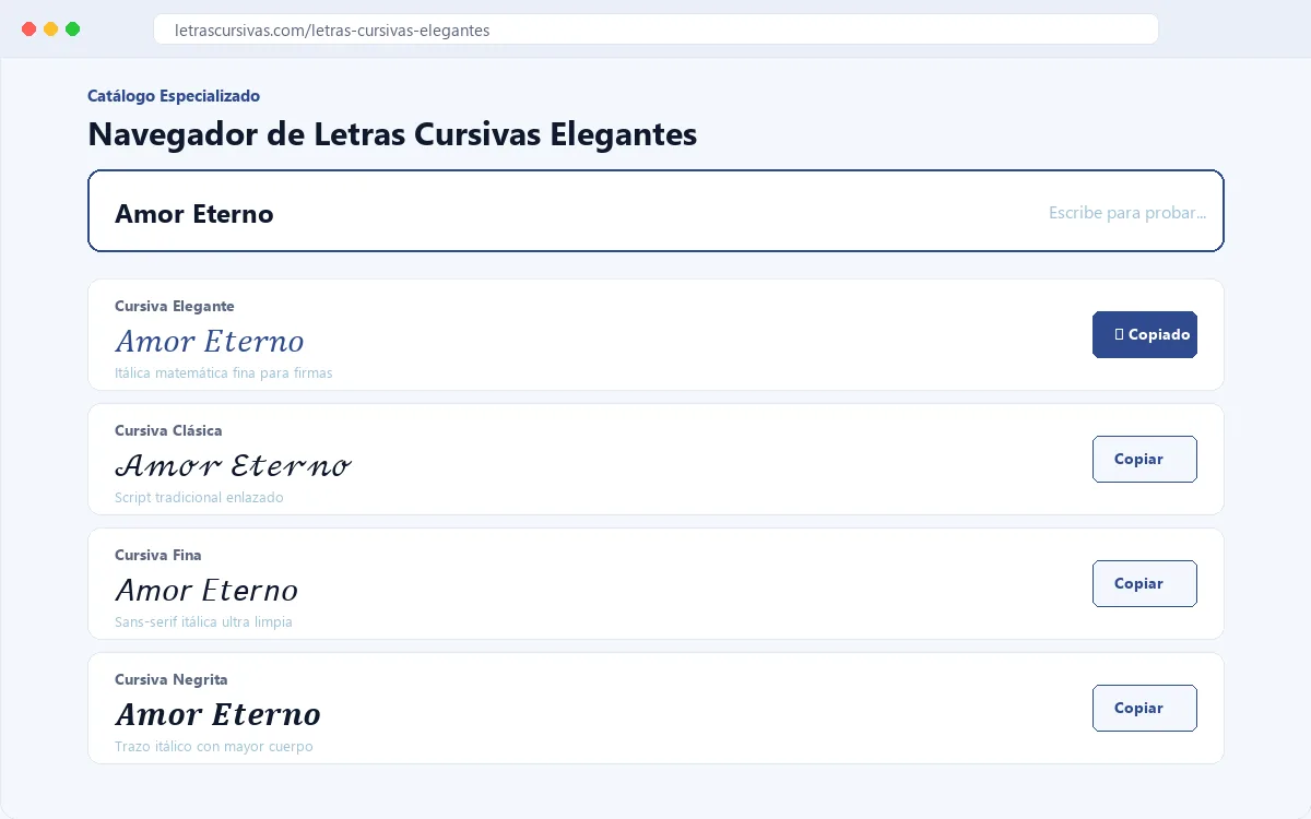 Navegador de estilos de letras cursivas elegantes con ejemplos reales