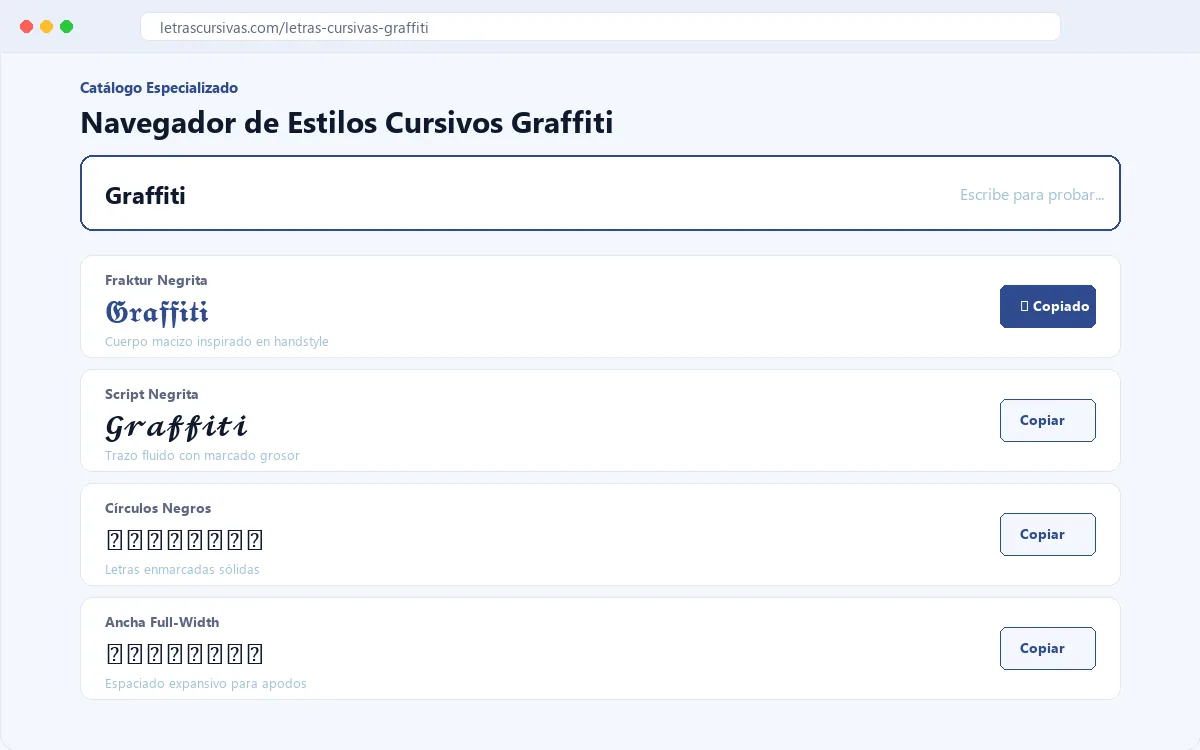 Navegador de estilos de letras cursivas graffiti con resultados reales