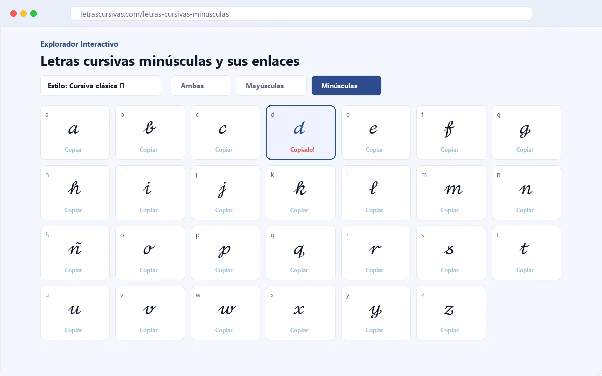 Explorador de letras cursivas minúsculas con ejemplos reales de la a a la z