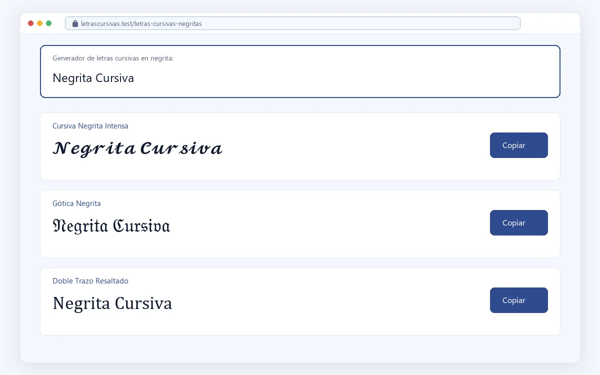 Transformador de letras cursivas negritas mostrando varios resultados