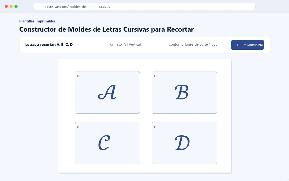 Constructor de moldes de letras cursivas con opciones de tamaño y formato