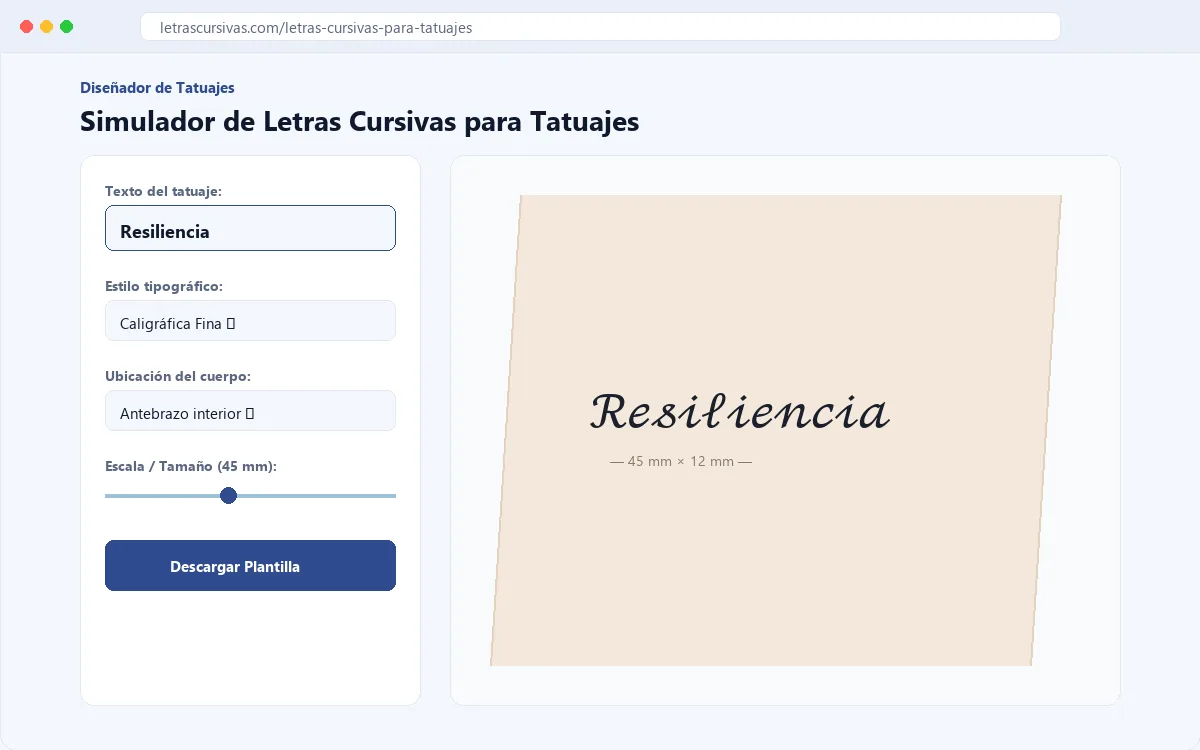 Vista previa de un tatuaje en letra cursiva con controles de estilo y tamaño